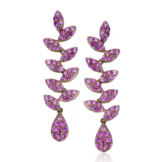 Pink Sapphire Pave Leafy Drop Earrings in 14K Yellow Gold