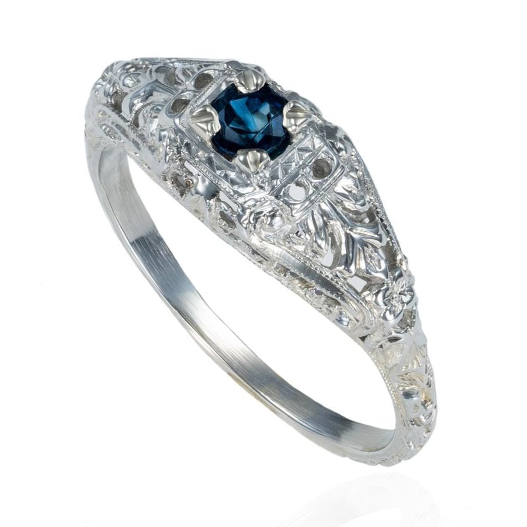 Art Deco Sapphire Filigree Ring in 18K White Gold