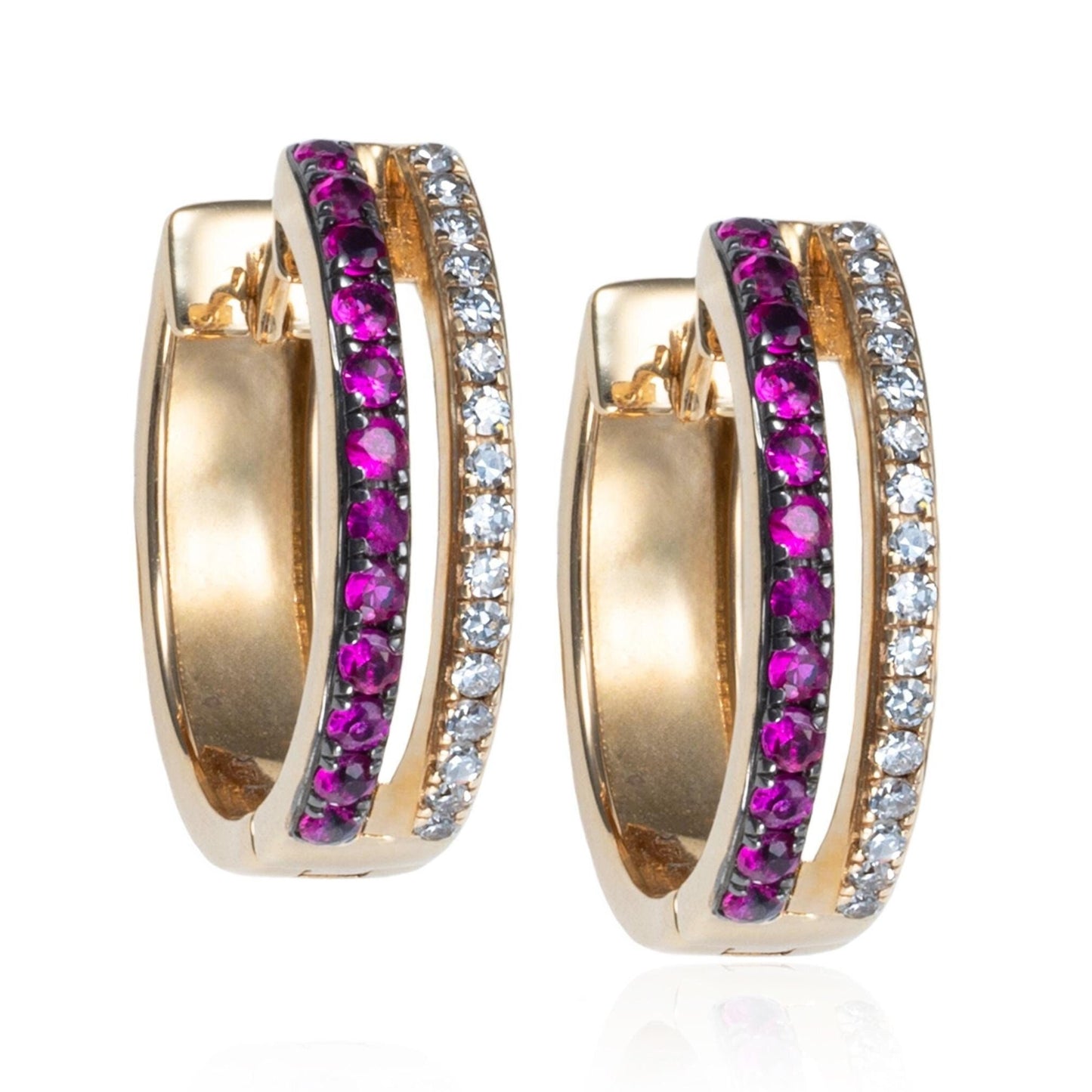 Ruby & Diamond Huggie Hoops in 14K Yellow Gold