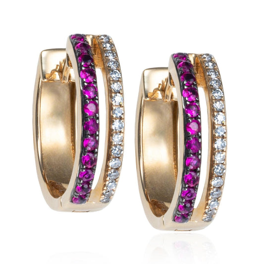 Ruby & Diamond Huggie Hoops in 14K Yellow Gold