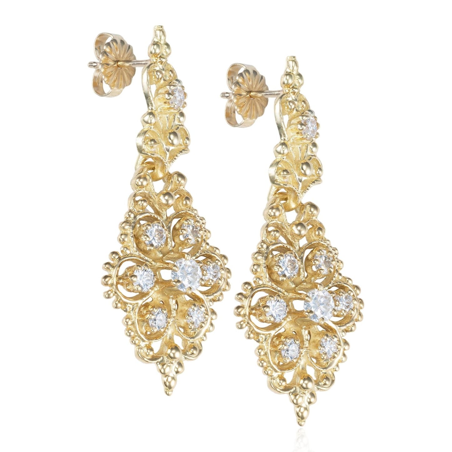 Ornate Diamond Drop Earrings in 14K Yellow Gold