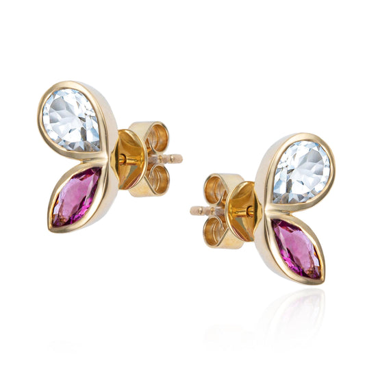 Pink Tourmaline & White Topaz Duo Bezel Stud Earrings in 14K Yellow Gold