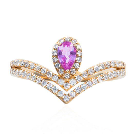 Pink Sapphire & Diamond Chevron Ring in 14K Yellow Gold