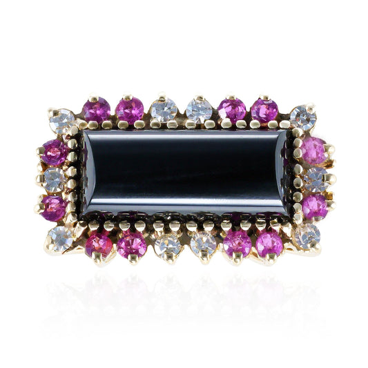 Onyx, Diamond, & Ruby East West Cocktail Ring in 14K Yellow Gold