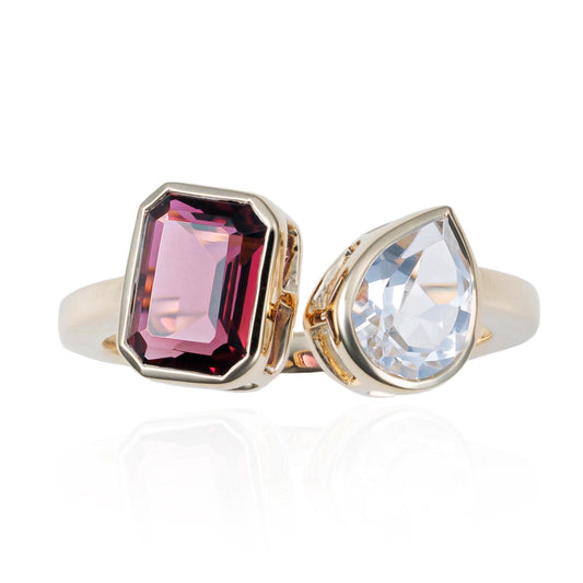 Pink Tourmaline & Pink Topaz Bezel Toi et Moi Ring in 14K Yellow Gold