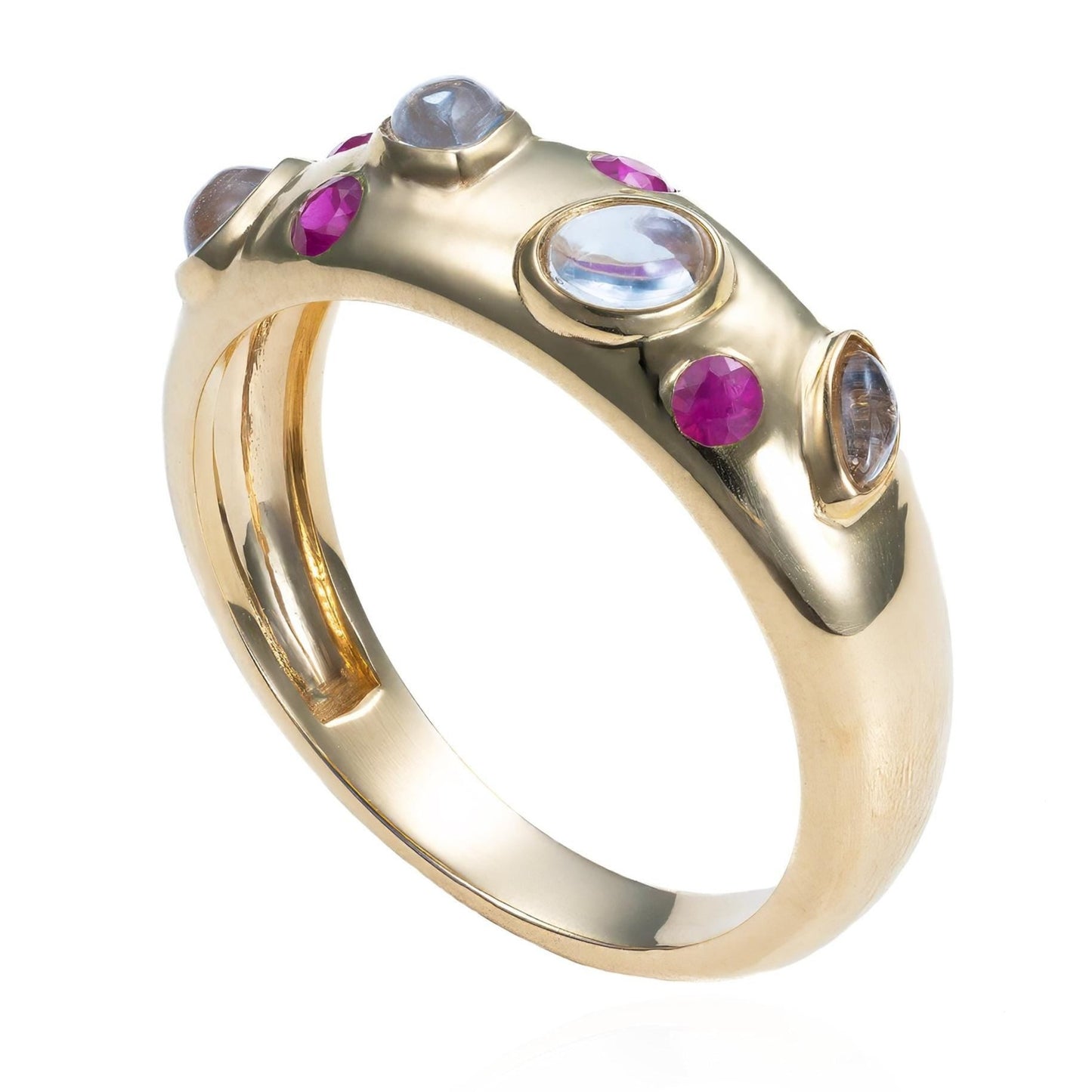 Moonstone & Ruby Scattered Domed Ring in 14K Yellow Gold