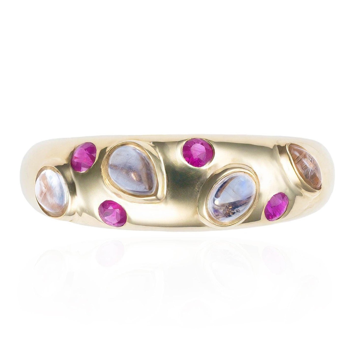 Moonstone & Ruby Scattered Domed Ring in 14K Yellow Gold