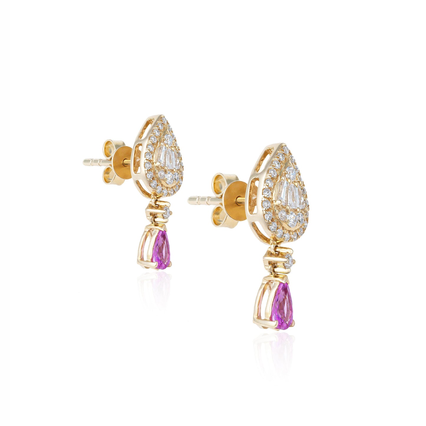 Pink Sapphire & Diamond Drop Earrings in 14K Yellow Gold