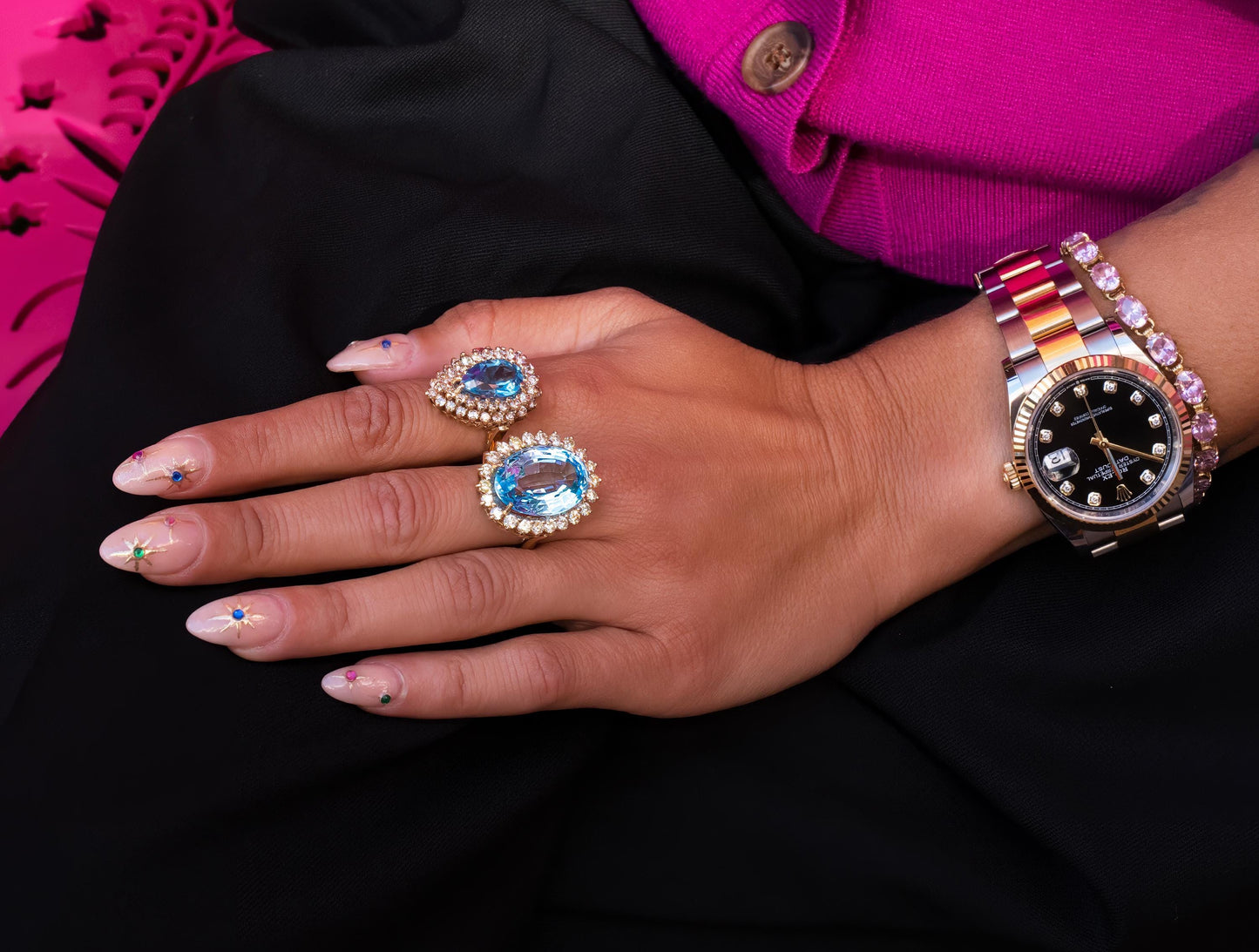 Blue Topaz Diamond Halo Cocktail Ring in 14K Gold