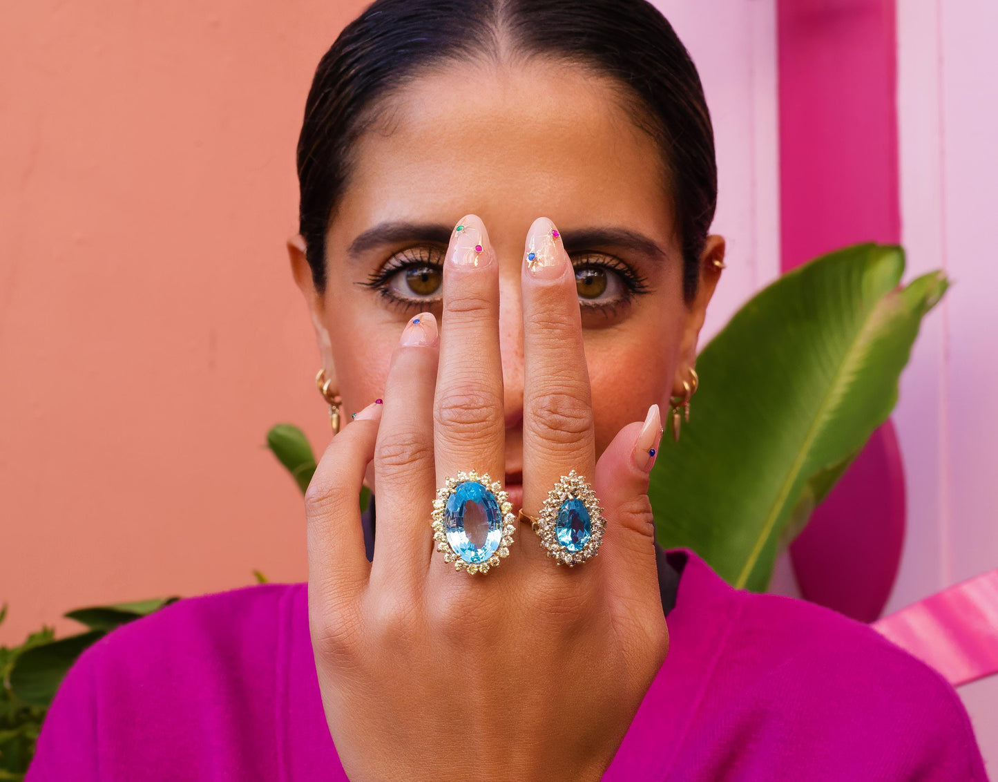 Blue Topaz Diamond Halo Cocktail Ring in 14K Gold