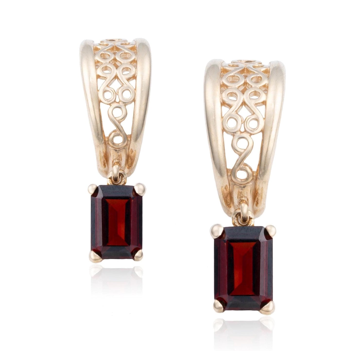 Garnet Dangle Filigree Hoop Earrings in 14K Yellow Gold