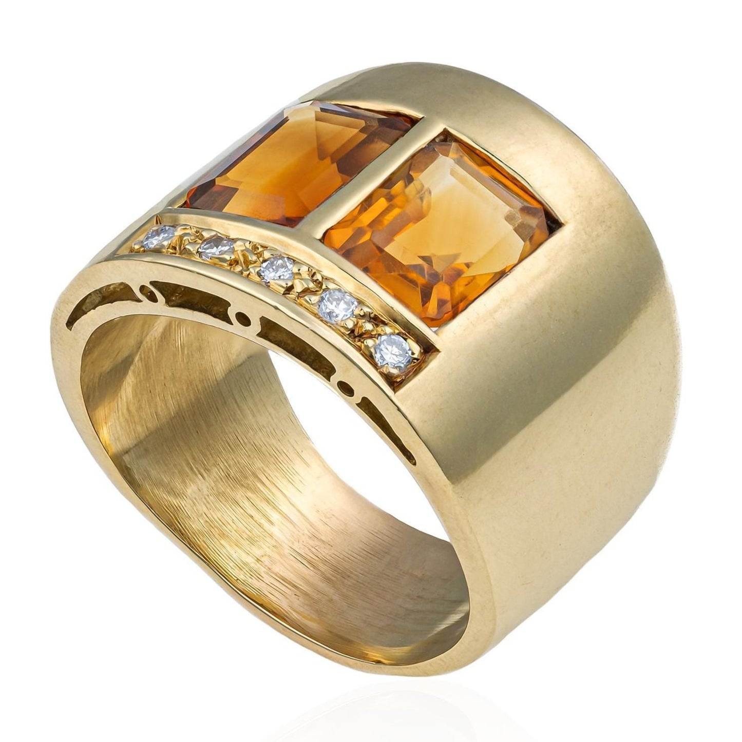 Wide Band Citrine & Diamond Ring in 18K Yellow Gold