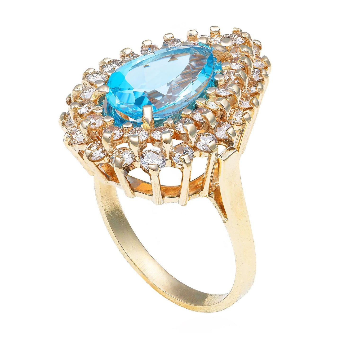 Pear Shape Topaz Double Diamond Halo Cocktail Ring in 14K Yellow Gold