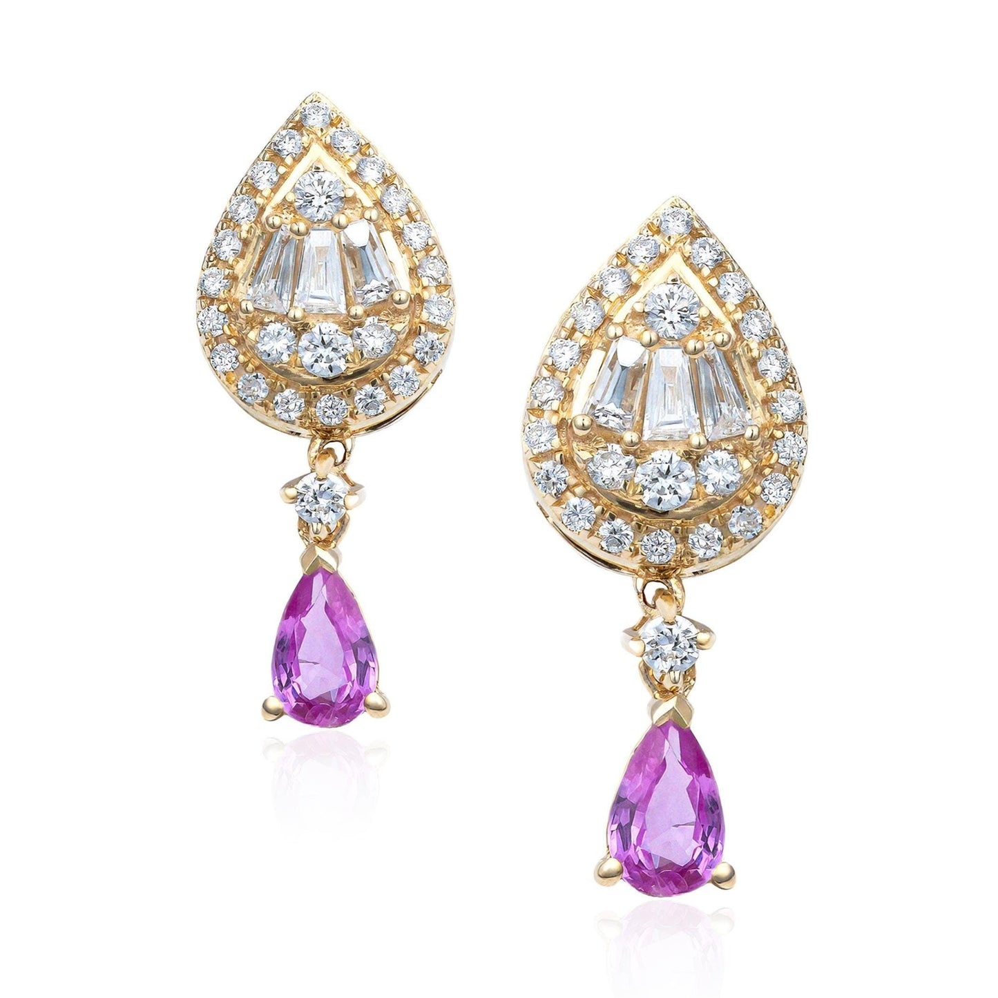 Pink Sapphire & Diamond Drop Earrings in 14K Yellow Gold