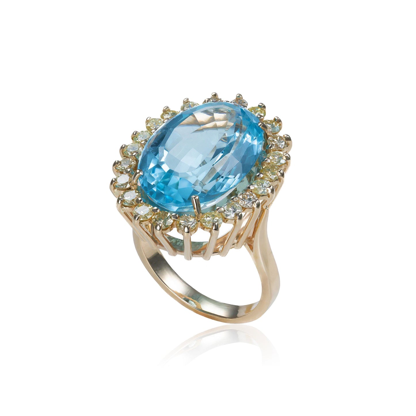 Blue Topaz Diamond Halo Cocktail Ring in 14K Gold