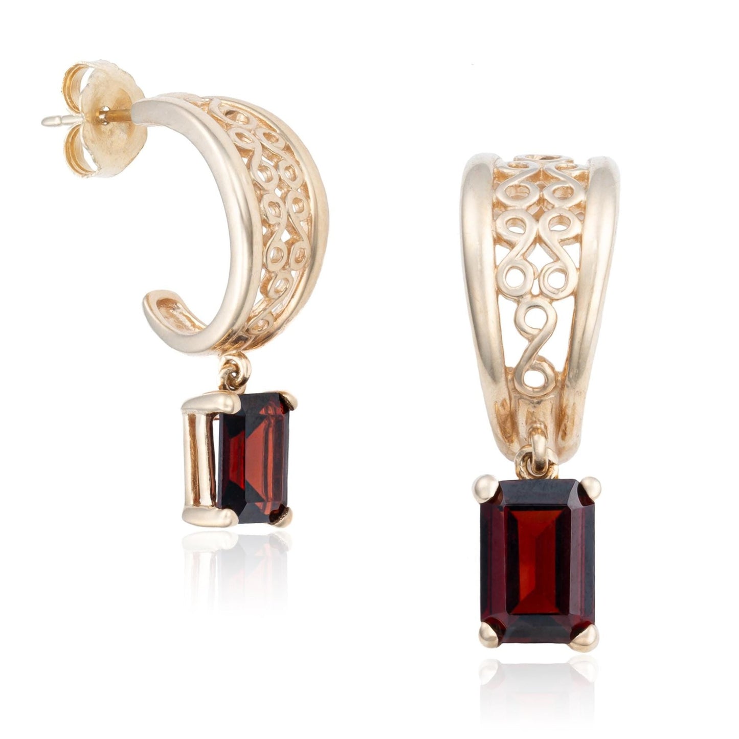 Garnet Dangle Filigree Hoop Earrings in 14K Yellow Gold