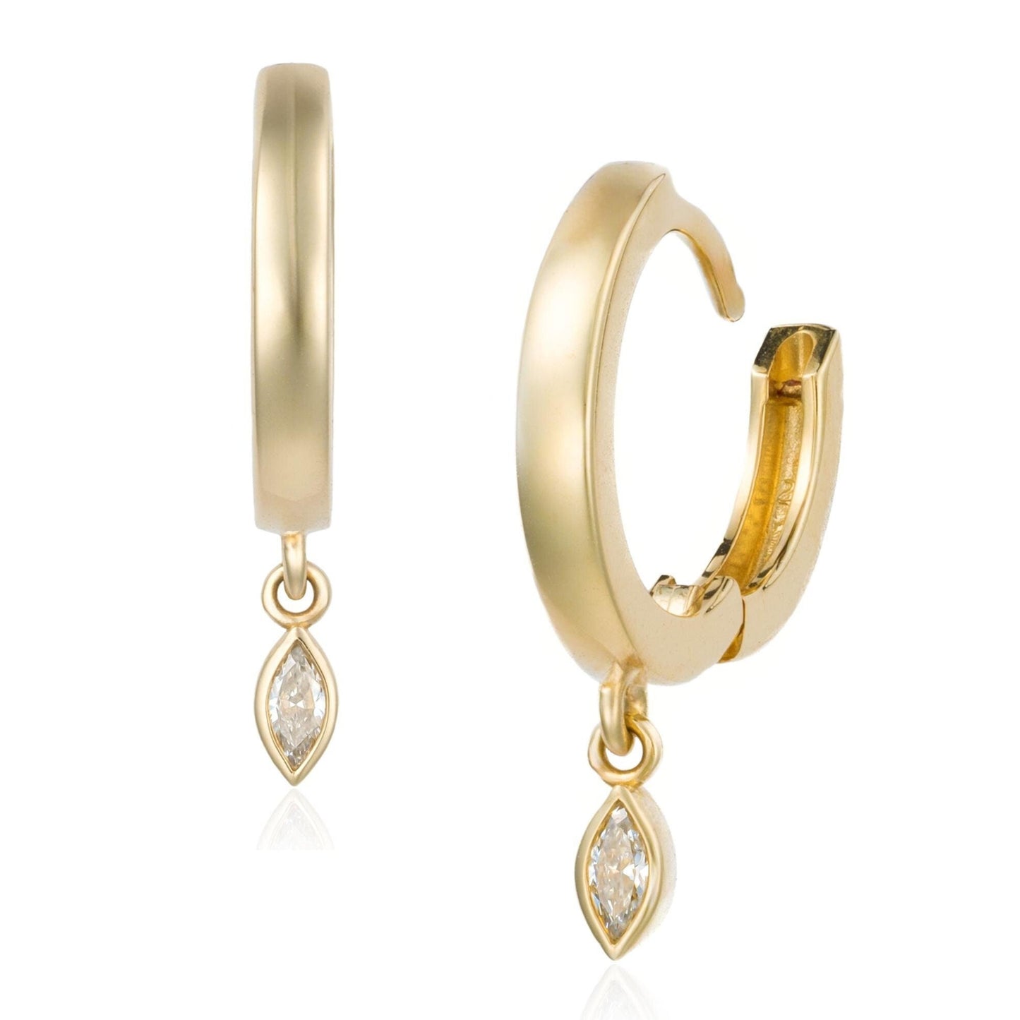 Diamond Marquise Dangle Huggie Hoop Earrings in 14K Yellow Gold