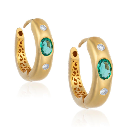 Emerald & Diamond Huggie Hoops in 18K Yellow Gold