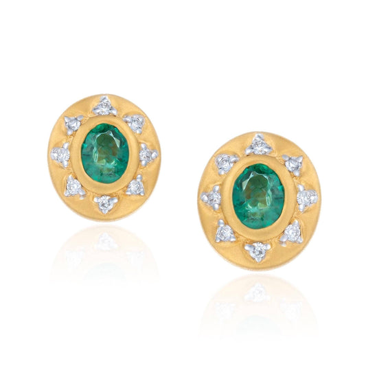 Emerald Diamond Halo Stud Earrings in 18K Yellow Gold