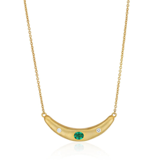 Emerald & Diamond Curved Bar Necklace in 18K Yellow Gold