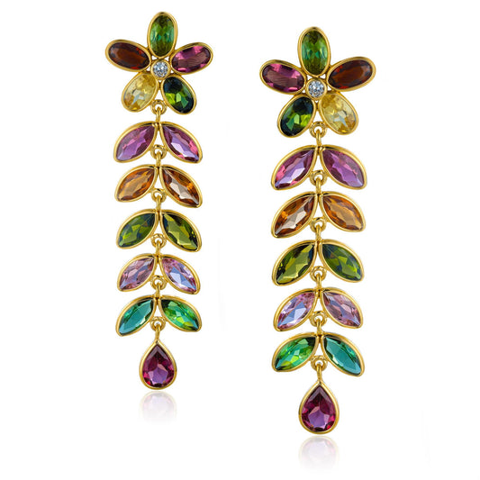 Multi Tourmaline Bezel Floral Drop Earrings in 14K Yellow Gold