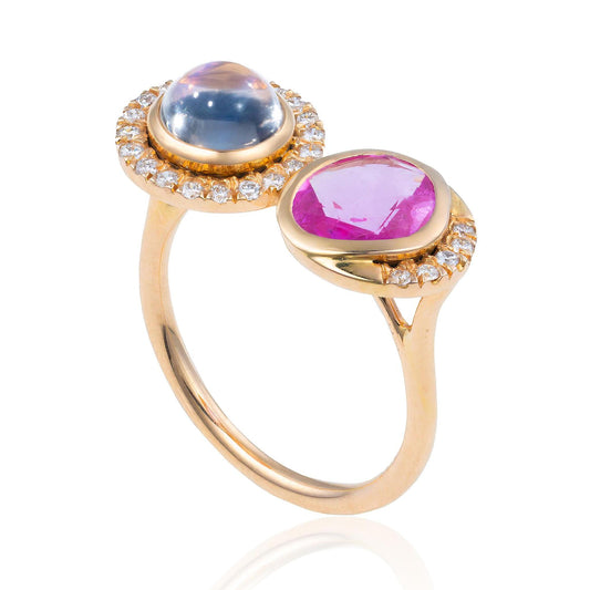 Pink Sapphire & Rainbow Moonstone with Diamond Accents Toi et Moi Ring in 18K Gold