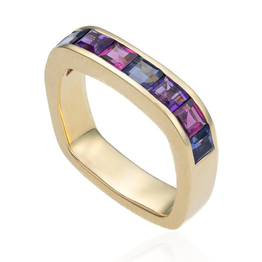 Square Multi Purple Gemstone Channel Set Ring in 18K Yellow Gold