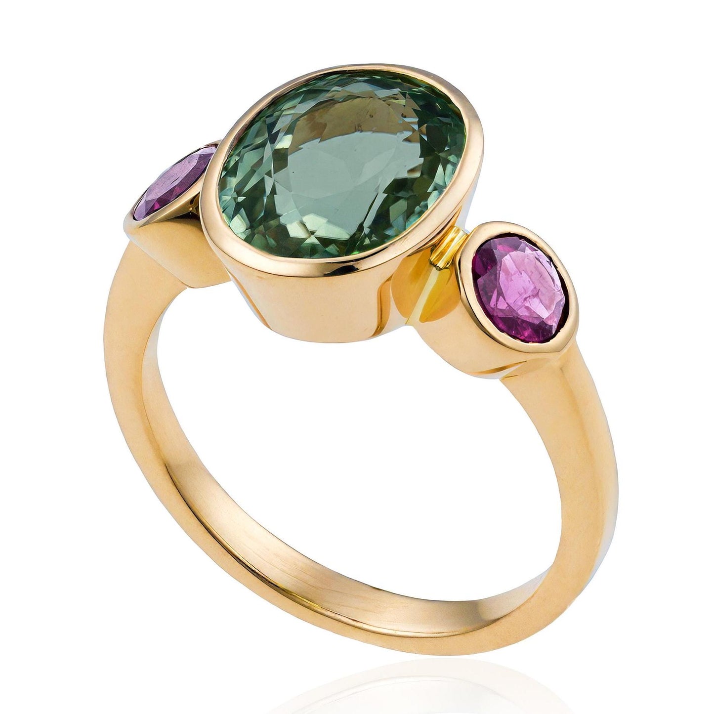 Green & Pink Tourmaline Bezel Ring in 18K Yellow Gold