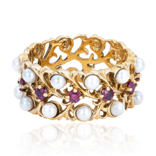 Ornate Pearl & Ruby Wide Filigree Band in 14K Yellow Gold