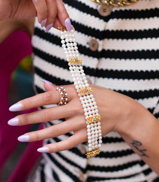 Pearl, Ruby, Sapphire & Emerald Bracelet in 14K Yellow Gold