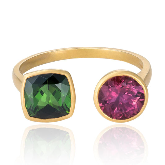 Green & Pink Tourmaline Toi et Moi Ring in 18K Yellow Gold
