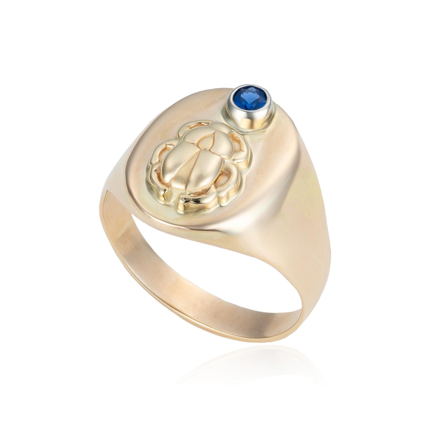 Sapphire Egyptian Scarab Beetle Signet Pinky Ring in 14K Yellow Gold