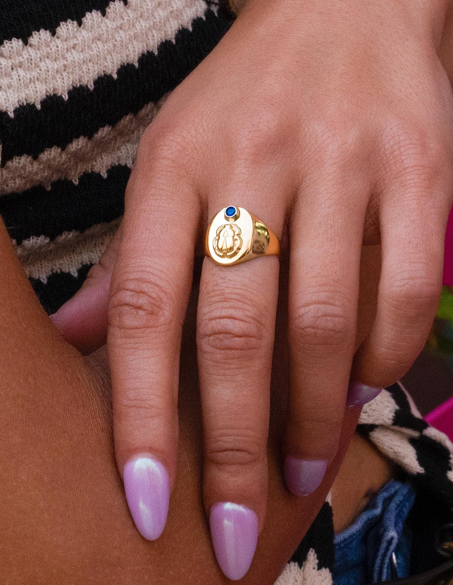 Sapphire Egyptian Scarab Beetle Signet Pinky Ring in 14K Yellow Gold