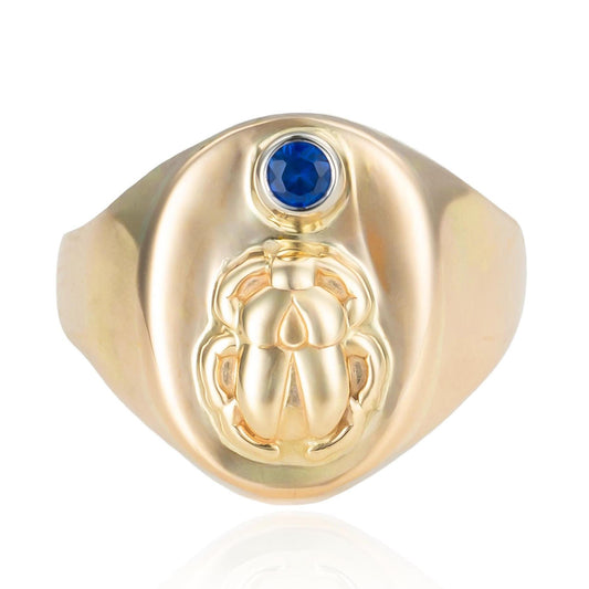 Sapphire Egyptian Scarab Beetle Signet Pinky Ring in 14K Yellow Gold