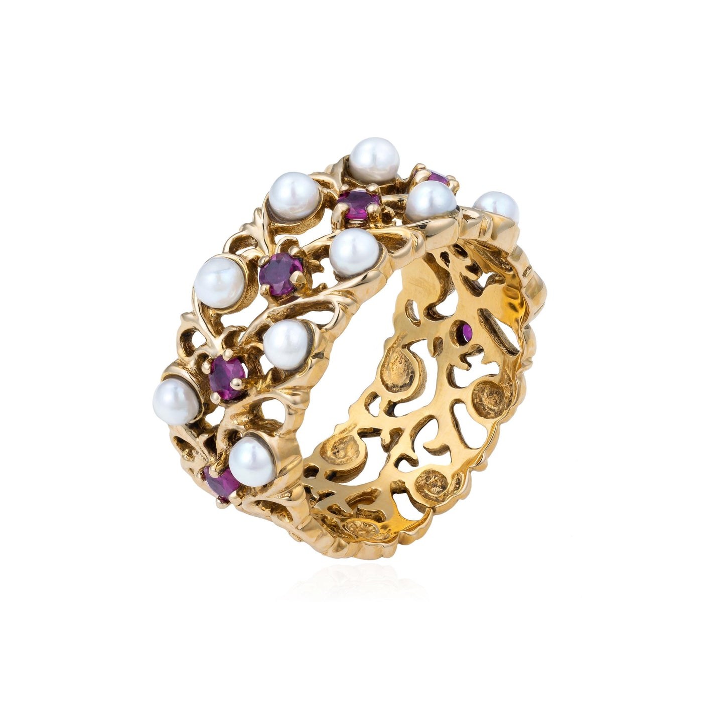 Ornate Pearl & Ruby Wide Filigree Band in 14K Yellow Gold