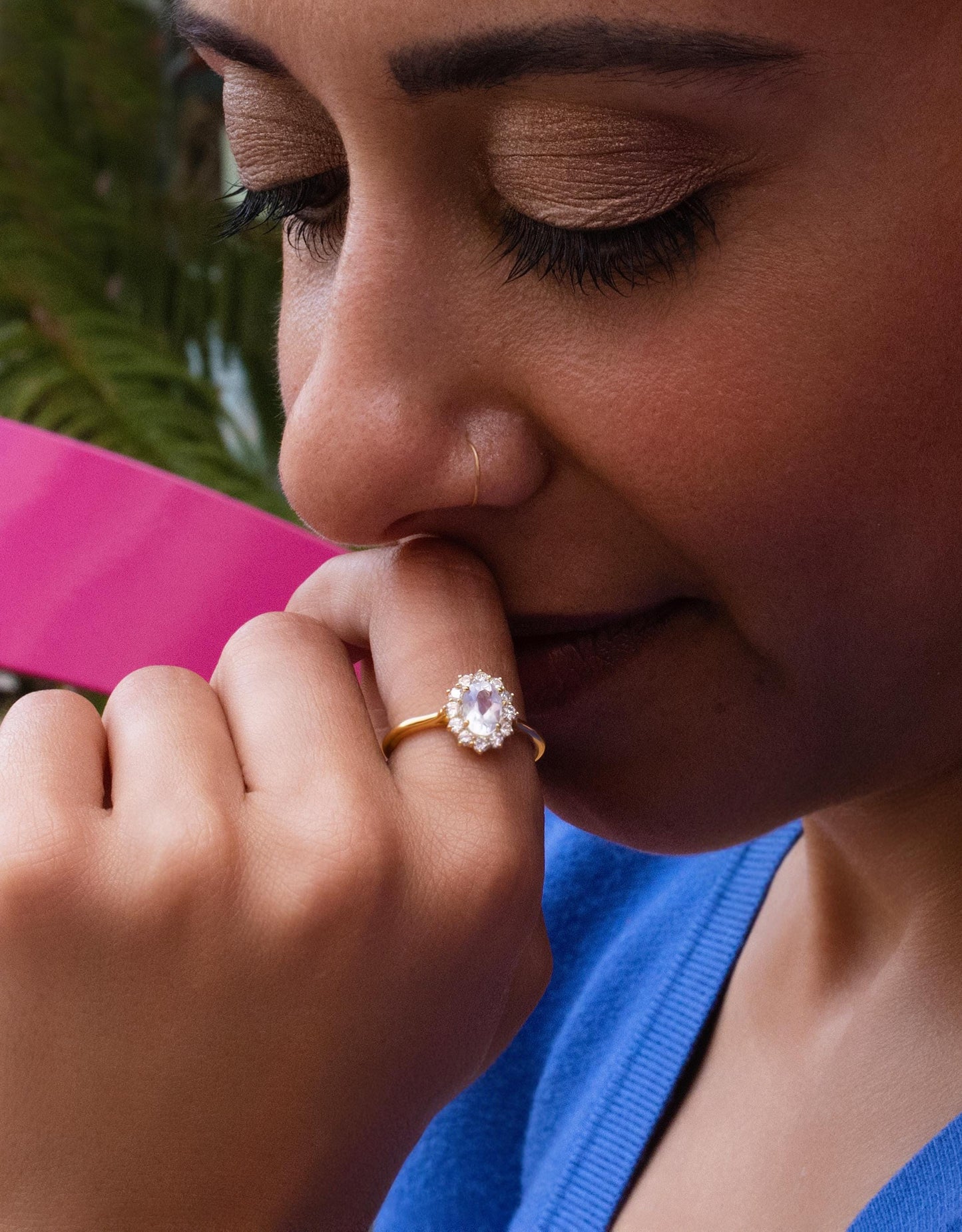 Moonstone & Diamond Halo Ring in 14K Yellow Gold