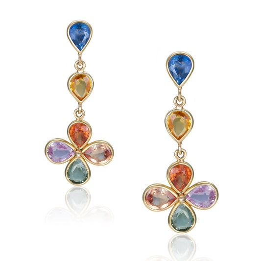 Multi Sapphire Flower Drop Earrings in 14K Yellow Gold