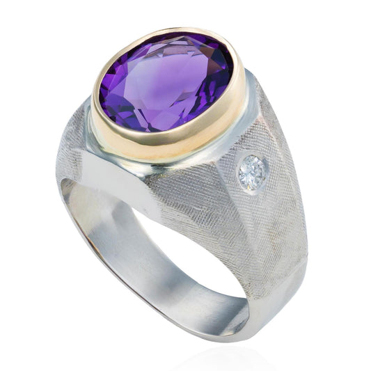 Heavy Amethyst & Diamond Signet Ring in 14K Gold