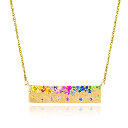 Scattered Rainbow Sapphire Bar Necklace in 14K Yellow Gold