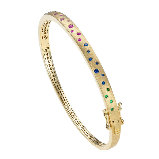 Scattered Rainbow Sapphire Hinged Bangle Bracelet in 14K Yellow Gold