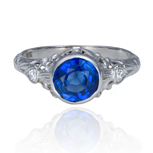 Edwardian Sapphire & Diamond Ring in 18K White Gold
