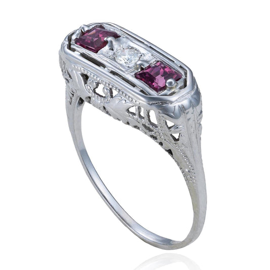 Edwardian Pink Tourmaline & Diamond Trilogy Filigree Ring in 18K White Gold
