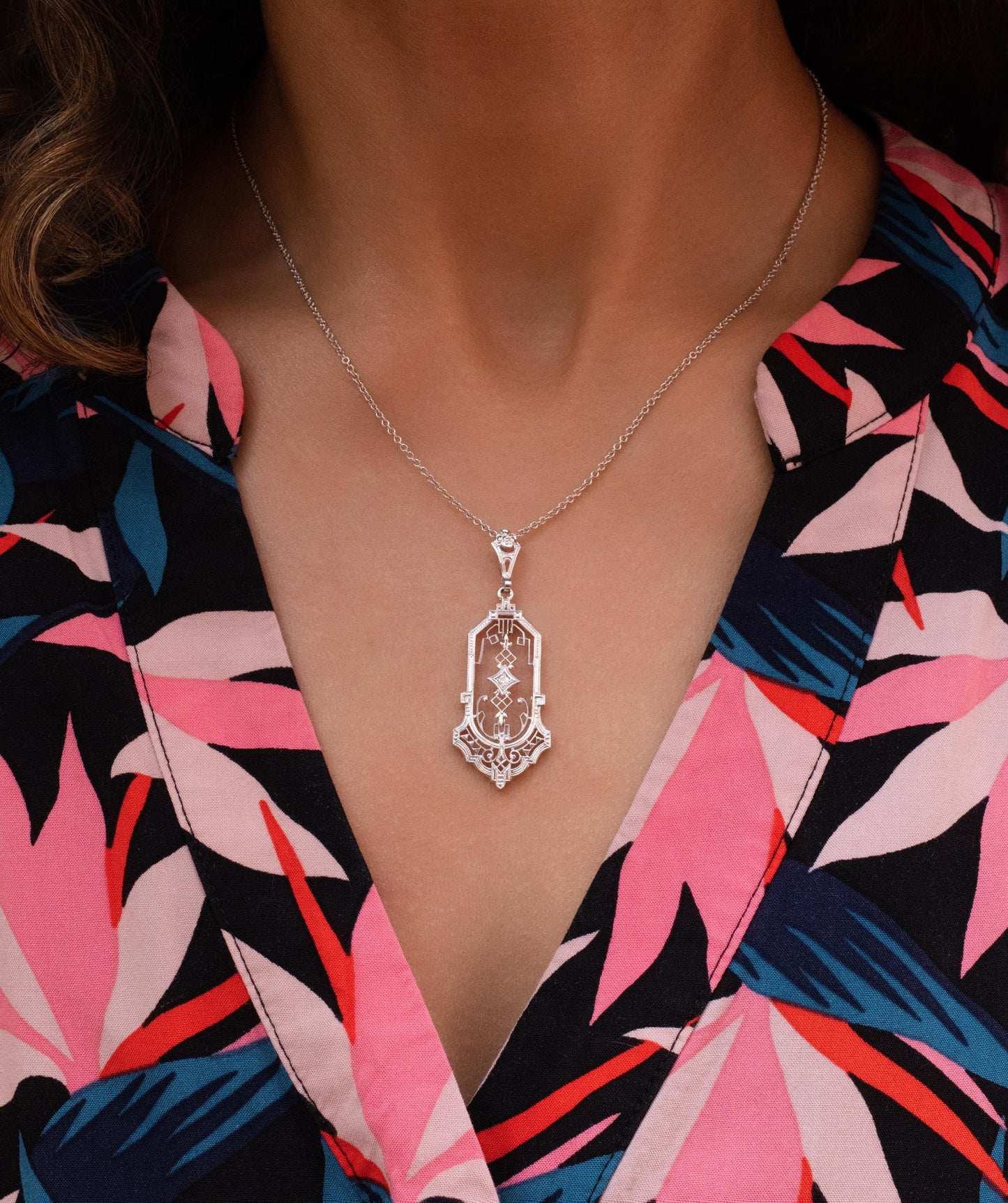 Art Deco Filigree Pendant in 10K White Gold