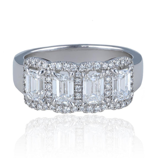 Wide Band Emerald Cut Diamond Ring in 18K White Gold