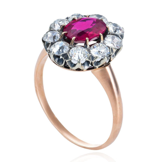 Victorian Old Mine Cut Halo Ruby Ring in 10K Rose Gold