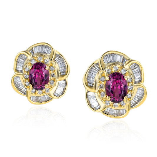 Rhodolite Garnet & Diamond Floral Ballerina Earrings in 14K Yellow Gold