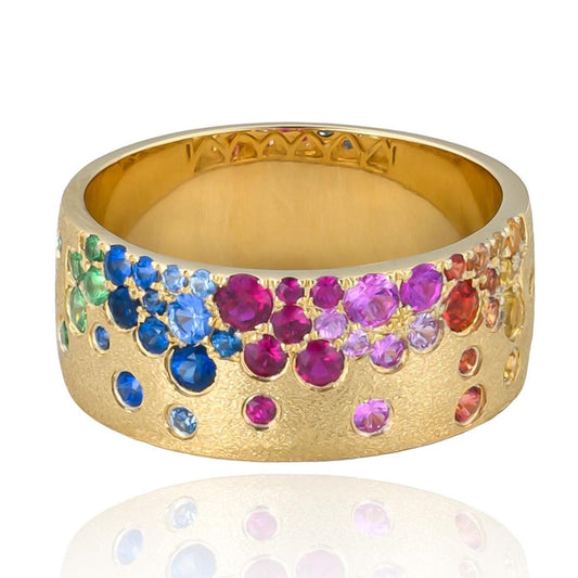 Scattered Rainbow Sapphire Cigar Band in 14K Yellow Gold