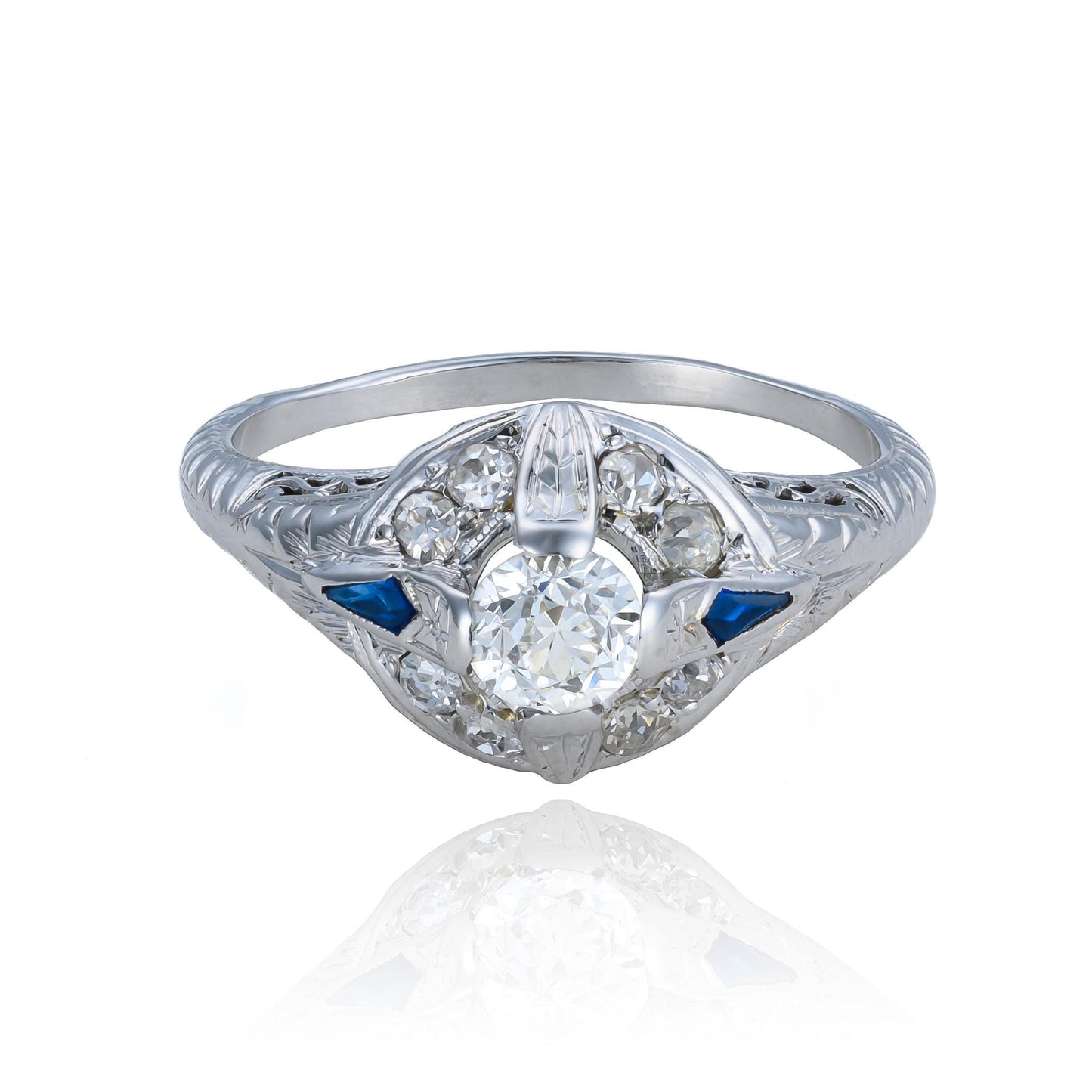 Edwardian Old Mine Cut Diamond & Sapphire Filigree Ring in 18K White Gold
