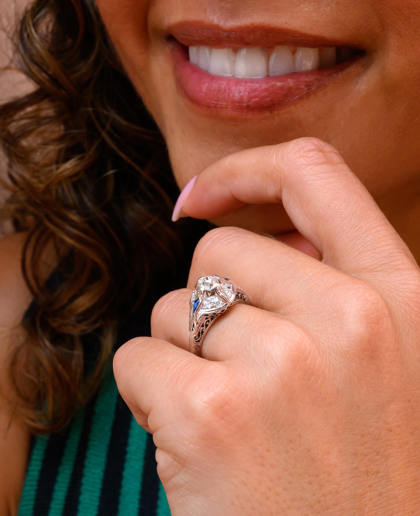 Edwardian Old Mine Cut Diamond & Sapphire Filigree Ring in 18K White Gold