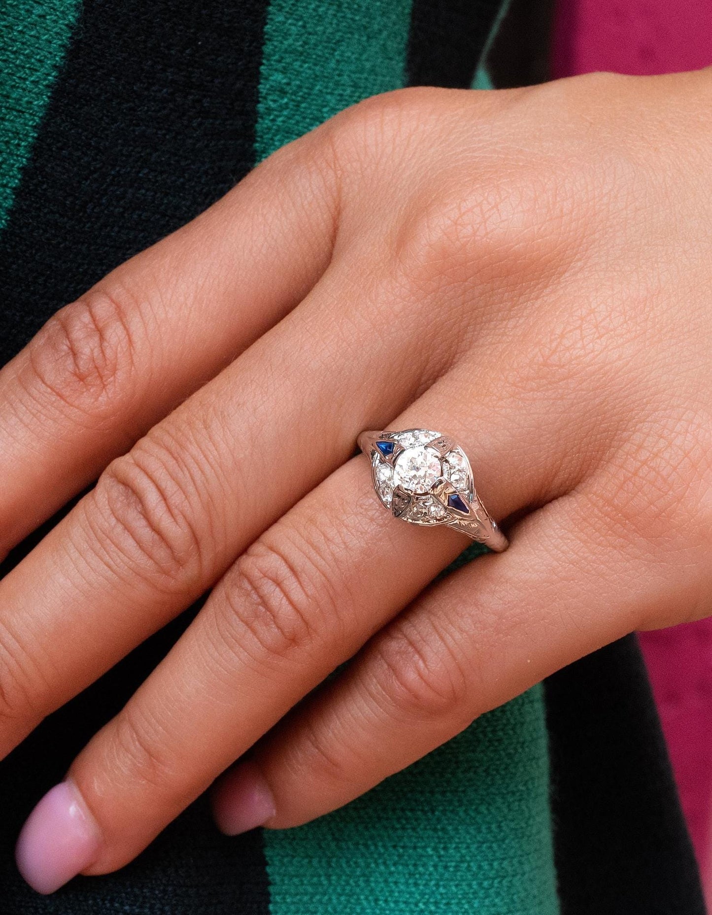 Edwardian Old Mine Cut Diamond & Sapphire Filigree Ring in 18K White Gold